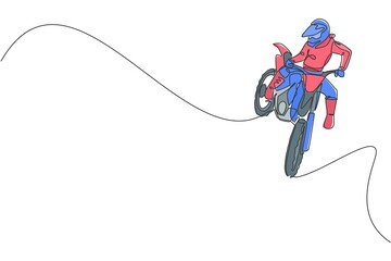 Single continuous line drawing of young motocross rider does dangerous acrobatic trick. Extreme sport race concept vector illustration. Trendy one line draw design for motocross event promotion media