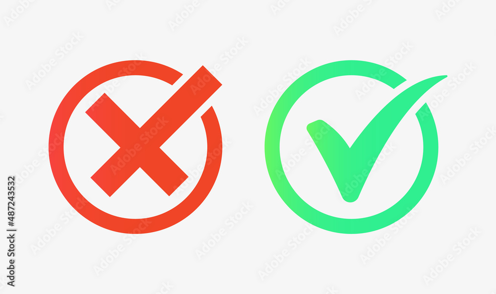 Poster check box icon with checkmark icons green tick box and red cross, check list circle frame with yes and no icons