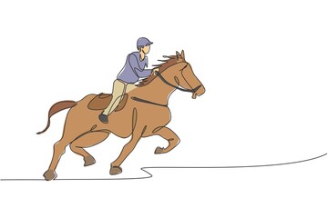 Single continuous line drawing of young professional horseback rider running with a horse around the stables. Equestrian sport training process concept. Trendy one line draw design vector illustration