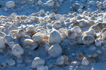 Snow, frost, and wind create irregularly shaped ice balls on the shores of Lake Michigan