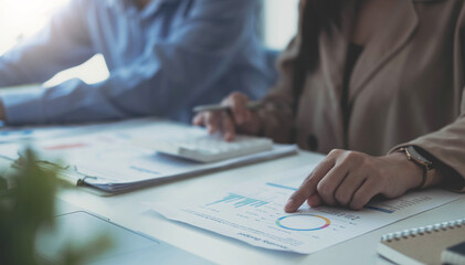 Close up Businessman and partner using desktop computer for analysis finance, tax, accounting,...