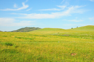 Fototapeta premium Endless steppes at the foot of high hills overgrown with grass under a summer sunny sky in the clouds.