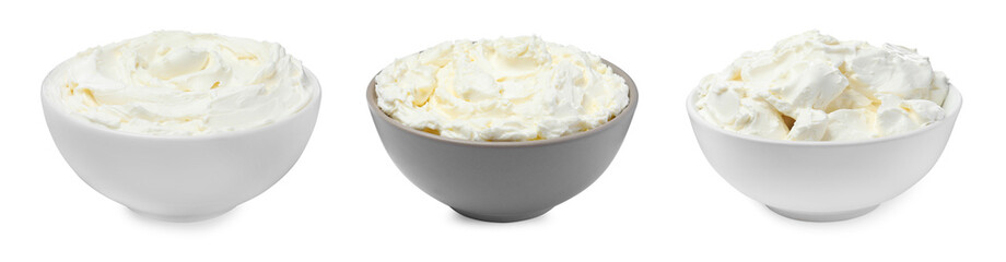 Tasty fresh cream cheese on white background. Banner design