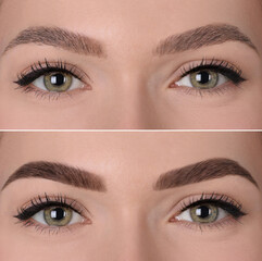 Collage with photos of young woman before and after permanent makeup procedure, closeup