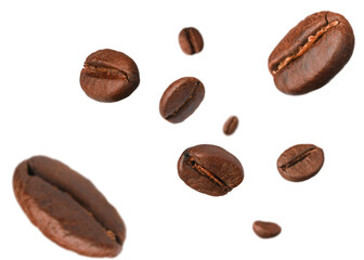 Many roasted coffee beans flying on white background
