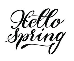 Lettering in vector format in black. Beautiful inscription hello spring. Perfectly will be suitable for postcards, for registrations of discounts, shops, banners on the websites. 