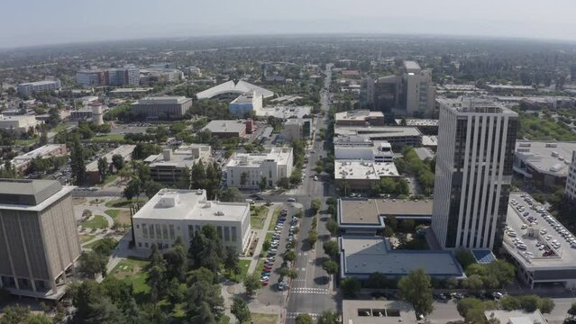 Daytime aerial view of the historic downtown district of Fresno, California, USA.