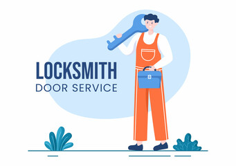 Locksmith Repairman Home Maintenance, Repair and Installation Service with Equipment as Screwdriver or Key in Flat Cartoon Background Illustration - obrazy, fototapety, plakaty