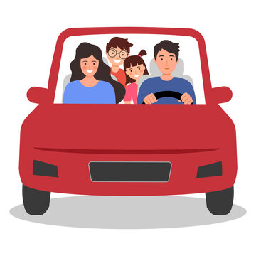 Family car driving front view in flat design on white background. Family trip.