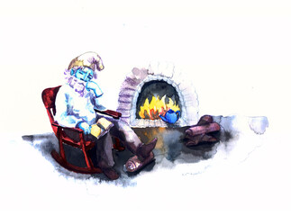 The illustrations are made on paper in watercolor. Depicted the way of life of a family of gnomes. Evening relaxation by the fireplace