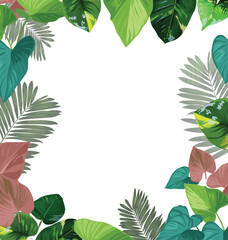 Fototapeta na wymiar Decorative borders with foliage. Floral greeting card with place for text. Template for invitation card with forest leaves.