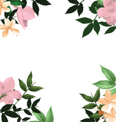 Fototapeta premium Decorative borders with foliage. Floral greeting card with place for text. Template for invitation card with forest leaves.
