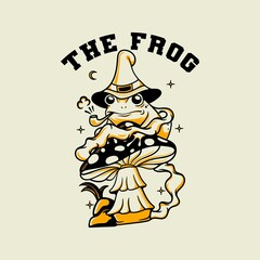 The frog wizard with mushrooms traditional vintage illustration