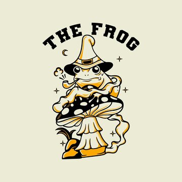 The frog wizard with mushrooms traditional vintage illustration