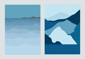 Minimalist landscape poster design, peaceful ocean and island