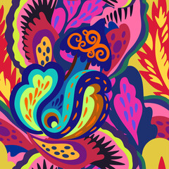 Fototapeta na wymiar Colorful seamless pattern with crazy psychedelic organic abstract elements, print with plant and mushrooms 