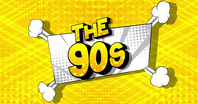 The 90s. Motion poster. 4k animated Comic book word text moving on abstract comics background. Retro pop art style.