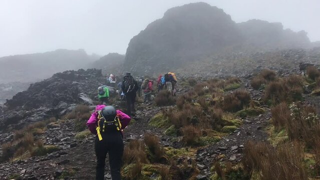 Several hikers are ascending a path of volcanic rocks to reach the summit of Sincholagua, a dormant volcano of the Andes of Ecuador. There is mist.