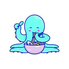 Octopus Eat Noodles Illustration
