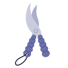 Garden scissors vector icon. Hand drawn illustration isolated on white background. Metal pruner for cutting plants. Farm tool with sharp blades, purple handles on a string. Flat cartoon style