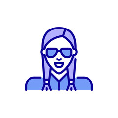 Stylish girl wearing sunglasses and braided hair. Pixel perfect, editable stroke color icon