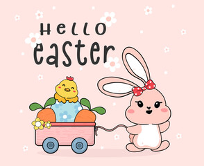 cute white bunny rabiit and baby chicken with Easter eggs wooden cart trolley, Hello Easter, cartoon drawing outline vector