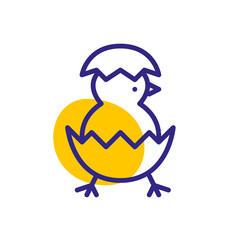 Chicken hatching out of an egg. Fun animal icon. Pixel perfect, editable stroke, color