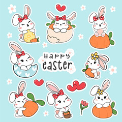 Obraz na płótnie Canvas Group of cute white baby bunny rabbit with carrot and Easter egg sticker collection set, cartoon drawing outline vector