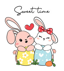 two couple cute friendship baby bunny rabbith white and pink hug easter eggs, cartoon drawing outline, Happy easter