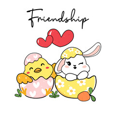 cute friendship baby bunny and baby chicken in easter egg shell, cartoon drawing outline, Happy easter