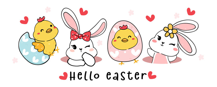 group of cute Happy white baby bunny rabbit in hole, have a lovely day, cartoon drawing outline banner