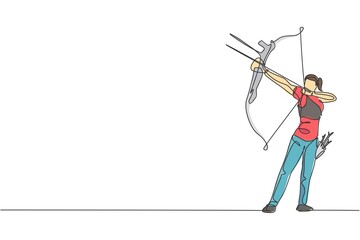 Obraz premium Single continuous line drawing of young professional archer woman focus aiming archery target. Archery sport exercise with the bow concept. Trendy one line draw design vector graphic illustration