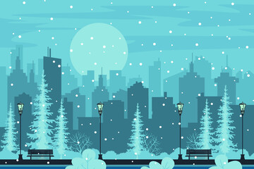 Cold winter city park. Modern city building with snow background 