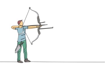 One continuous line drawing of young archer man pulling bow to shooting an archery target. Archery sport training and exercising concept. Dynamic single line draw design graphic vector illustration - obrazy, fototapety, plakaty