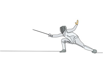 One continuous line drawing of young woman fencing athlete practice fighting on professional sport arena. Fencing costume and holding sword concept. Dynamic single line draw design vector illustration