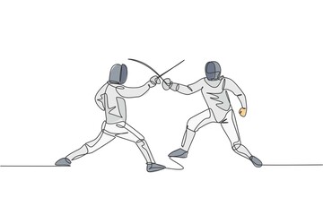 One single line drawing of two men fencer athlete in fencing costume exercising motion on sport arena vector illustration. Combative and fighting sport concept. Modern continuous line draw design