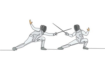 Single continuous line drawing of two young fencer athlete men in fencing mask and rapier duel at arena. Competitive fighting sport competition concept. Trendy one line draw design vector illustration - obrazy, fototapety, plakaty
