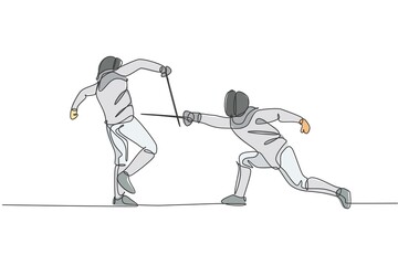 Obraz premium One continuous line drawing of two young men fencing athlete practice fighting on sport arena. Fencing costume and holding sword action concept. Dynamic single line draw design vector illustration