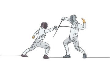 Obraz premium Single continuous line drawing two young pro fencer athlete women in fencing mask and rapier duel at arena. Fighting sport competition concept. Trendy one line draw design graphic vector illustration