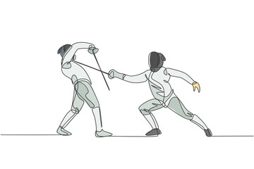 One single line drawing of two young women fencer athlete in fencing costume exercise duel on sport arena vector illustration. Combative and fighting sport concept. Modern continuous line draw design
