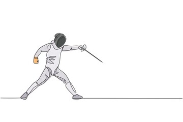 Fototapeta premium One continuous line drawing of young man fencing athlete practice fighting on professional sport arena. Fencing costume and holding sword concept. Dynamic single line draw design vector illustration