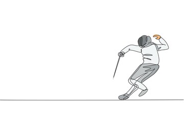 Obraz premium Single continuous line drawing young professional fencer athlete man in fencing mask and rapier. Competitive fighting sport competition concept. Trendy one line draw design graphic vector illustration