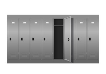 Metal cabinets, vector gym, pool or school changing room steel lockers. Isolated grey storage boxes with open and closed doors, locks and handles, shelves, blank labels and vents, 3d realistic object