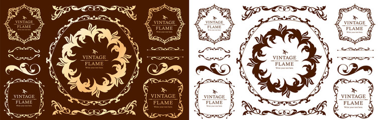 春の植物モチーフのフレームセット。ビンテージフラワー。装飾デザイン。流行りのあしらい	
