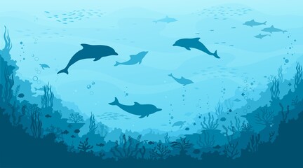 Dolphin silhouettes, seaweed and reef, fish school on underwater landscape. Sea bottom flora and fauna, seafloor world vector background. Deep sea life nautical wallpaper with dolphin pod, corals