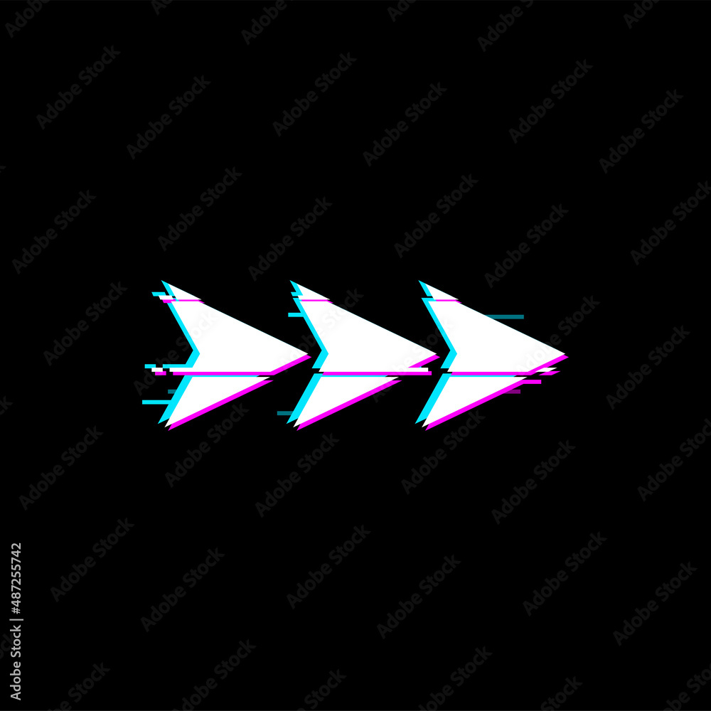 Poster Way pointer arrow pointing jump forward right on malfunction distortion display with glitch effect, three arrows. Vector pointer, digital noise, ui game interface panel design element, navigation sign
