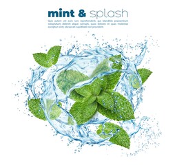 Water wave swirl splash with green mint leaves, cool mint or peppermint and menthol spearmint drink vector background. Realistic transparent flow of lemonade soda or cocktail with mint in splash - obrazy, fototapety, plakaty