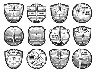 Air travel and airplane show icons set. Aviation school, flying academy and historic aircraft show emblem or badge. Retro monoplane flying in sky, vintage biplane plane and propeller aircraft vector © Vector Tradition