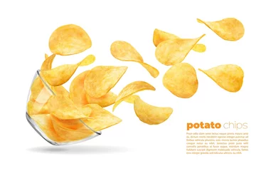 Foto op Aluminium Falling wavy potato chips, glass bowl with flying chips. Realistic 3d vector crunchy snack in motion. Delicious food advert, crisp meal promotion with chips and fallen transparent bowl © Vector Tradition