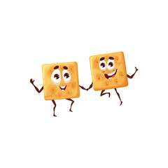 Cartoon crackers twins or biscuit cookies, vector cute food snacks. Square crackers friends, funny characters jumping and holding by hands in friendship, salty or sweet bakery biscuits with happy face